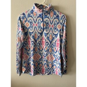 Women's Small Blue White Abstract Watercolor Print 1/4 Zip Long Sleeve Golf Top
